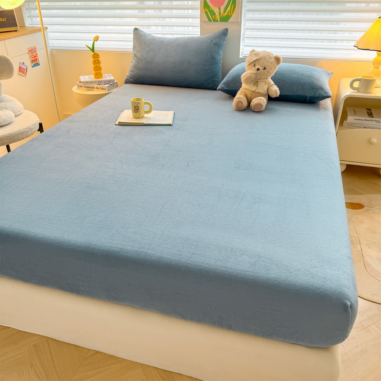 91家纺网 家纺一手货源 找家纺 雯豆家纺 2025新款单层高克重牛奶绒纯色床笠素色床垫保护套 牛奶绒单层床笠-碧海蓝