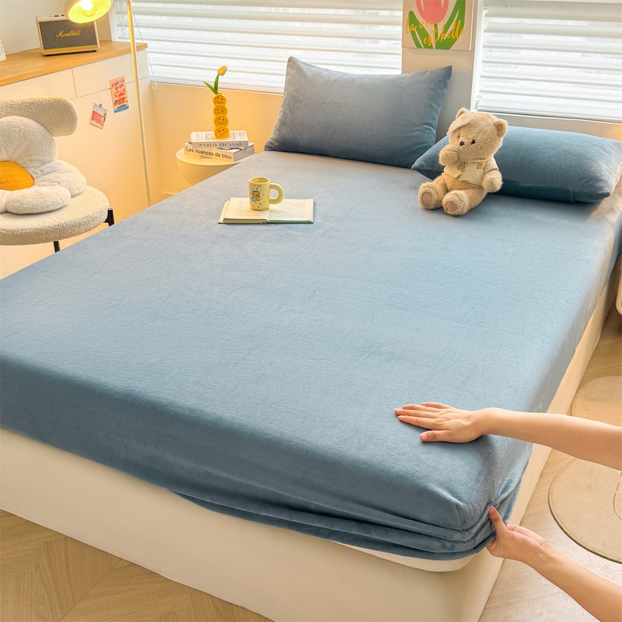 91家纺网 家纺一手货源 找家纺 雯豆家纺 2025新款单层高克重牛奶绒纯色床笠素色床垫保护套 牛奶绒单层床笠-碧海蓝
