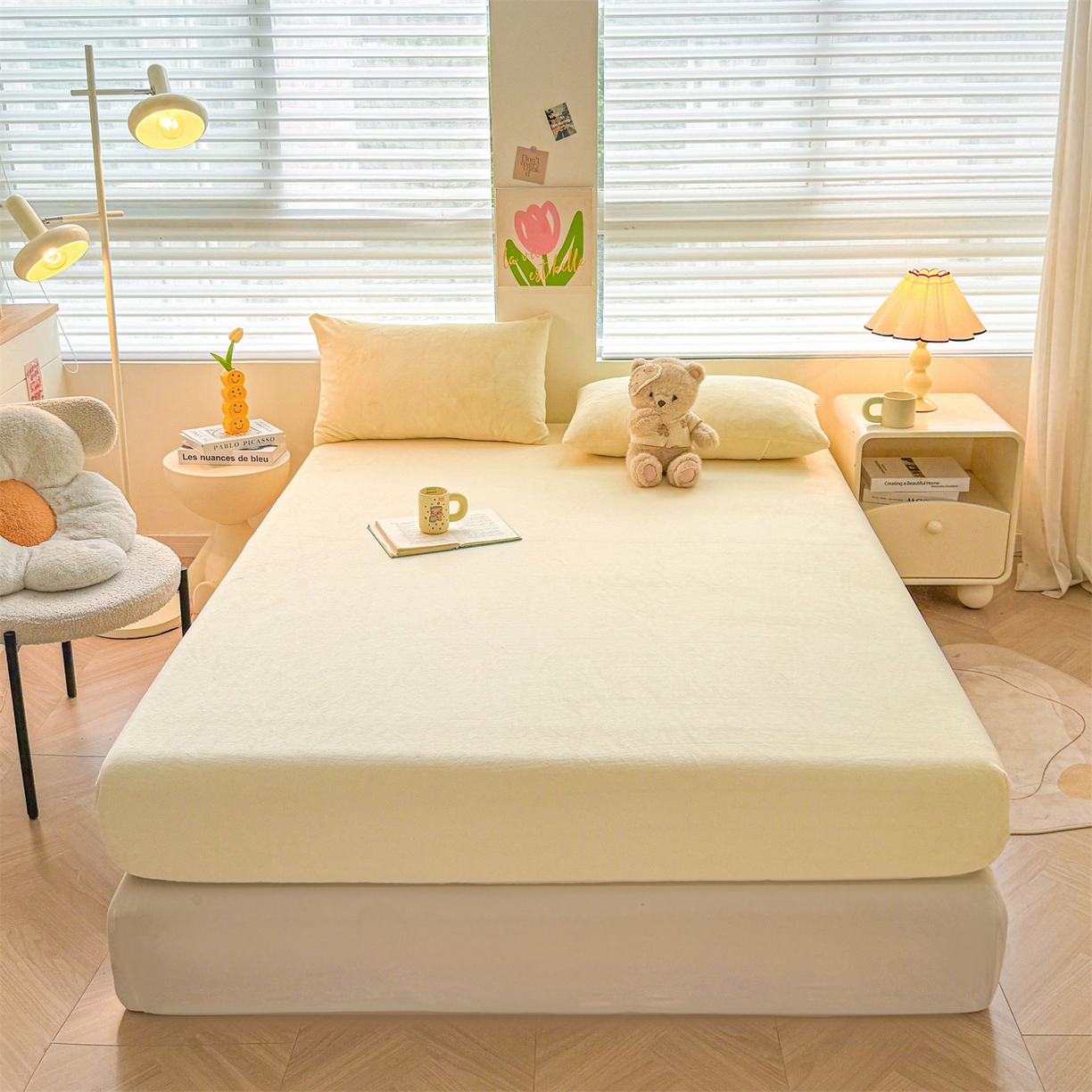 91家纺网 家纺一手货源 找家纺 雯豆家纺 2025新款单层高克重牛奶绒纯色床笠素色床垫保护套 牛奶绒单层床笠-点黄