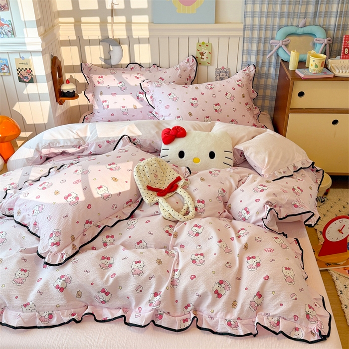 森璐家纺 2025新款云感皱皱双层纱黑色包边四件套 黑边-喵喵酱