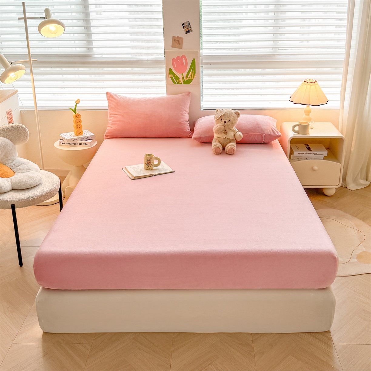 91家纺网 家纺一手货源 找家纺 雯豆家纺 2025新款单层高克重牛奶绒纯色床笠素色床垫保护套 牛奶绒单层床笠-格调粉