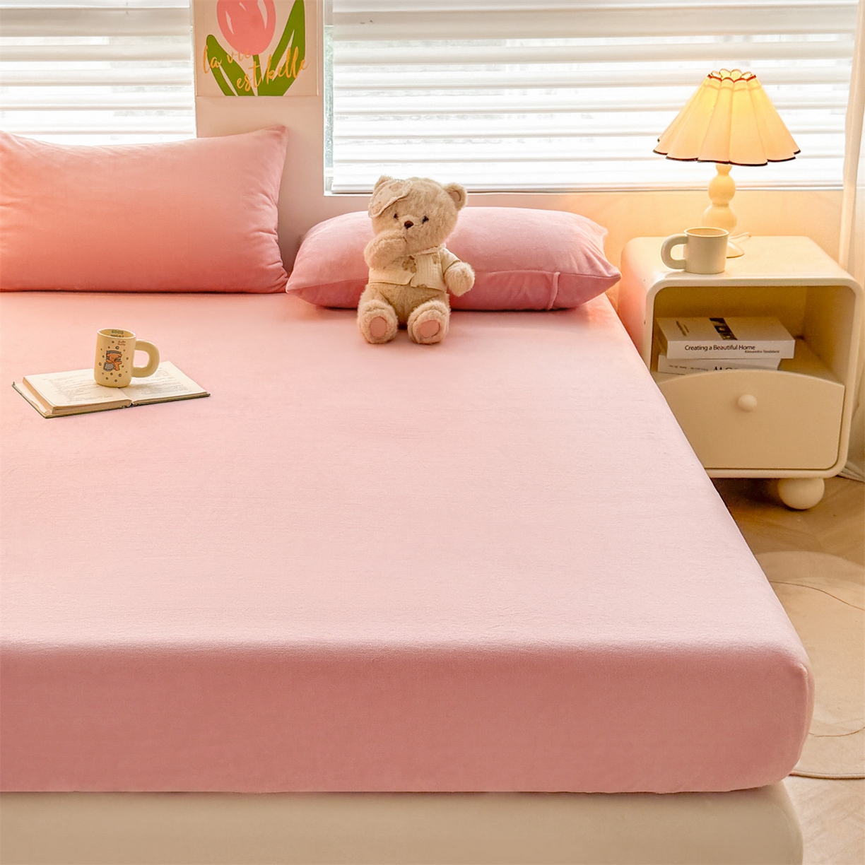 91家纺网 家纺一手货源 找家纺 雯豆家纺 2025新款单层高克重牛奶绒纯色床笠素色床垫保护套 牛奶绒单层床笠-格调粉