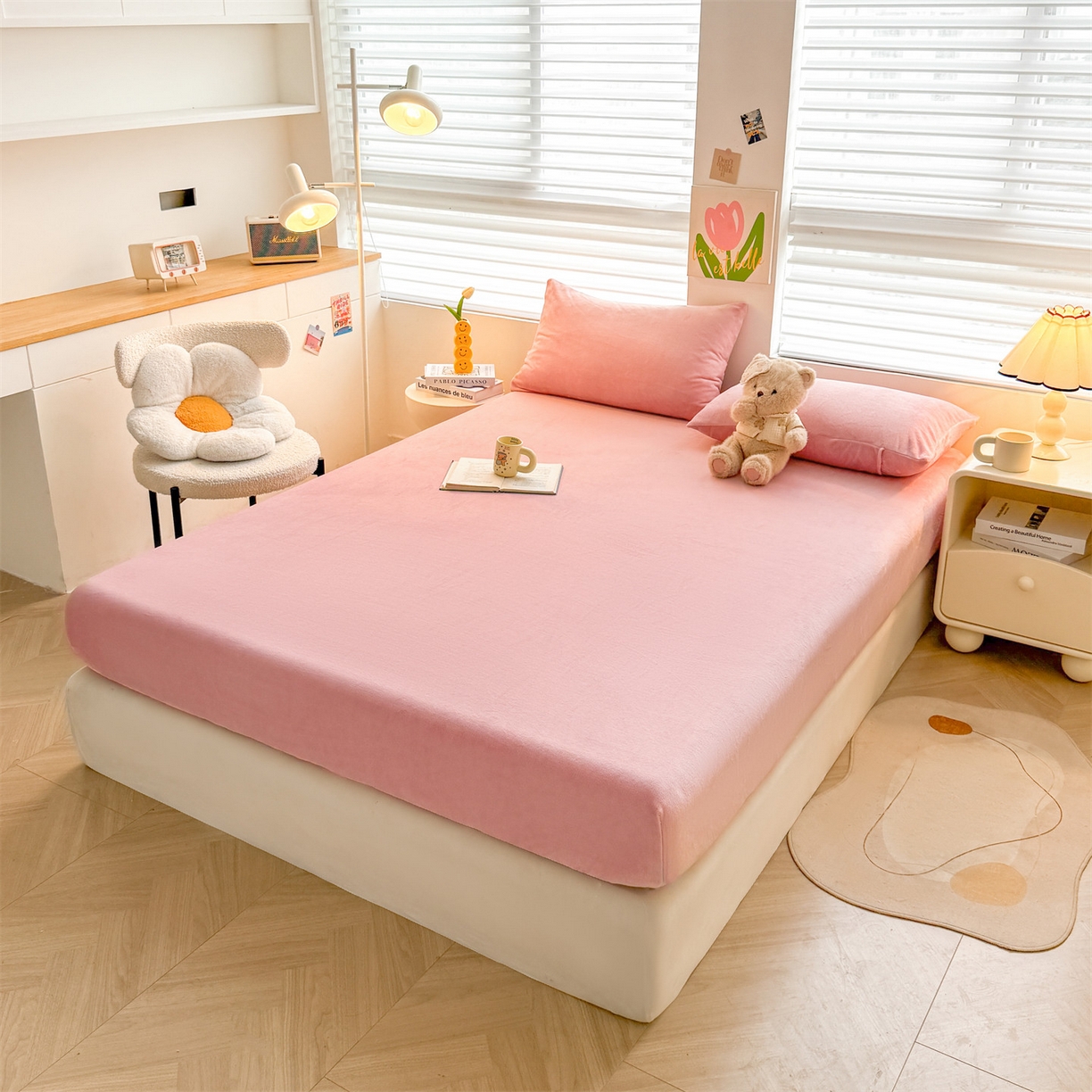 91家纺网 家纺一手货源 找家纺 雯豆家纺 2025新款单层高克重牛奶绒纯色床笠素色床垫保护套 牛奶绒单层床笠-格调粉