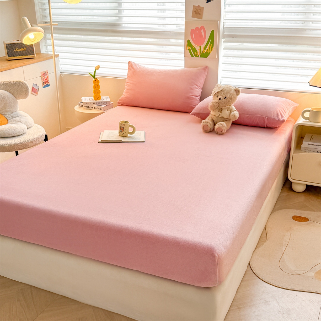 91家纺网 家纺一手货源 找家纺 雯豆家纺 2025新款单层高克重牛奶绒纯色床笠素色床垫保护套 牛奶绒单层床笠-格调粉