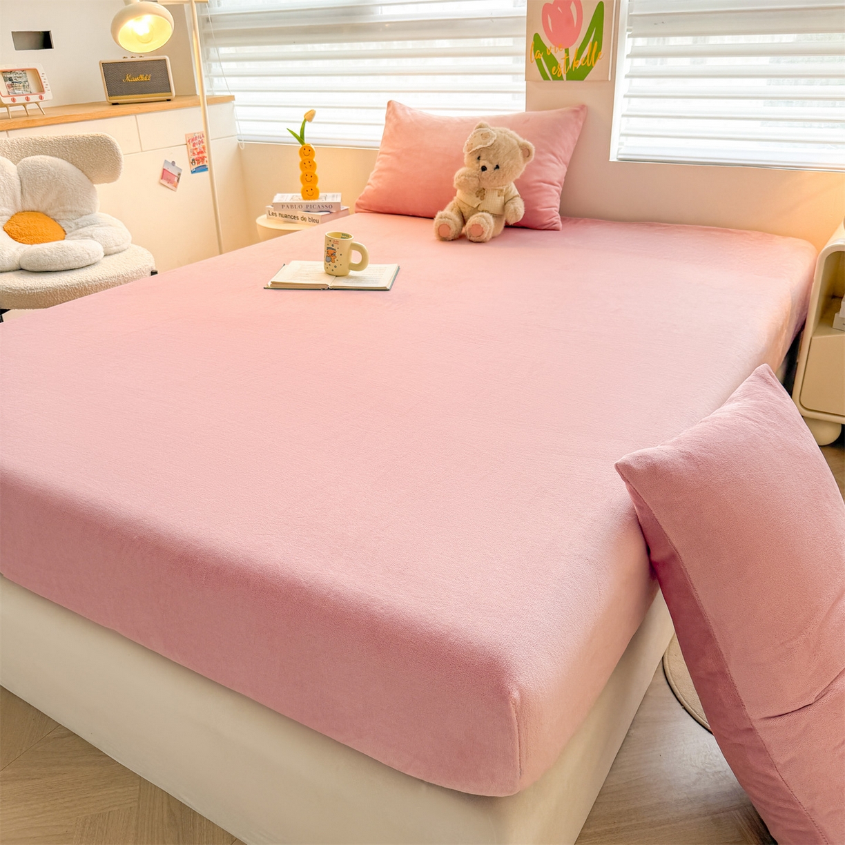 91家纺网 家纺一手货源 找家纺 雯豆家纺 2025新款单层高克重牛奶绒纯色床笠素色床垫保护套 牛奶绒单层床笠-格调粉
