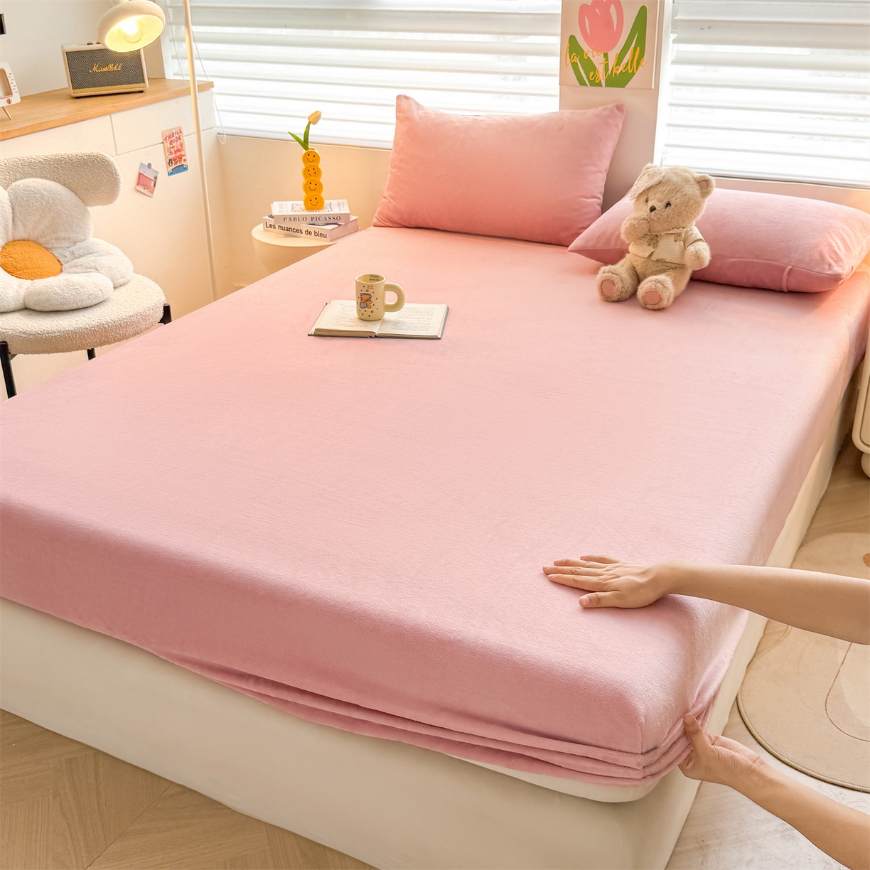 91家纺网 家纺一手货源 找家纺 雯豆家纺 2025新款单层高克重牛奶绒纯色床笠素色床垫保护套 牛奶绒单层床笠-格调粉
