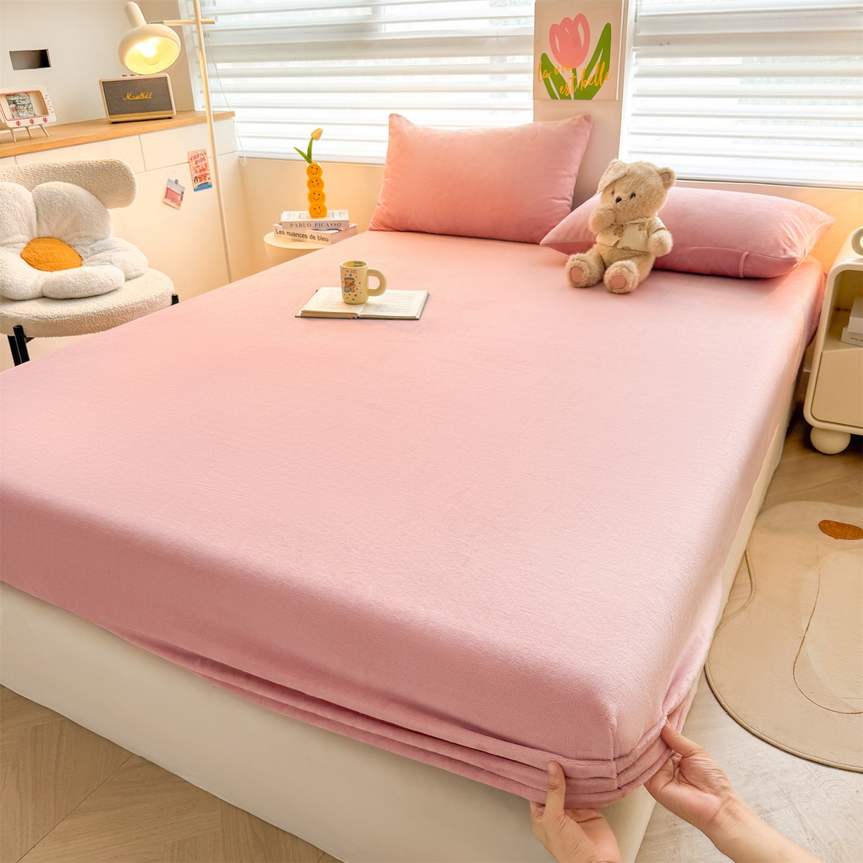 91家纺网 家纺一手货源 找家纺 雯豆家纺 2025新款单层高克重牛奶绒纯色床笠素色床垫保护套 牛奶绒单层床笠-格调粉