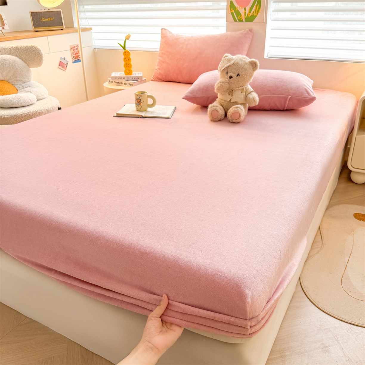 91家纺网 家纺一手货源 找家纺 雯豆家纺 2025新款单层高克重牛奶绒纯色床笠素色床垫保护套 牛奶绒单层床笠-格调粉