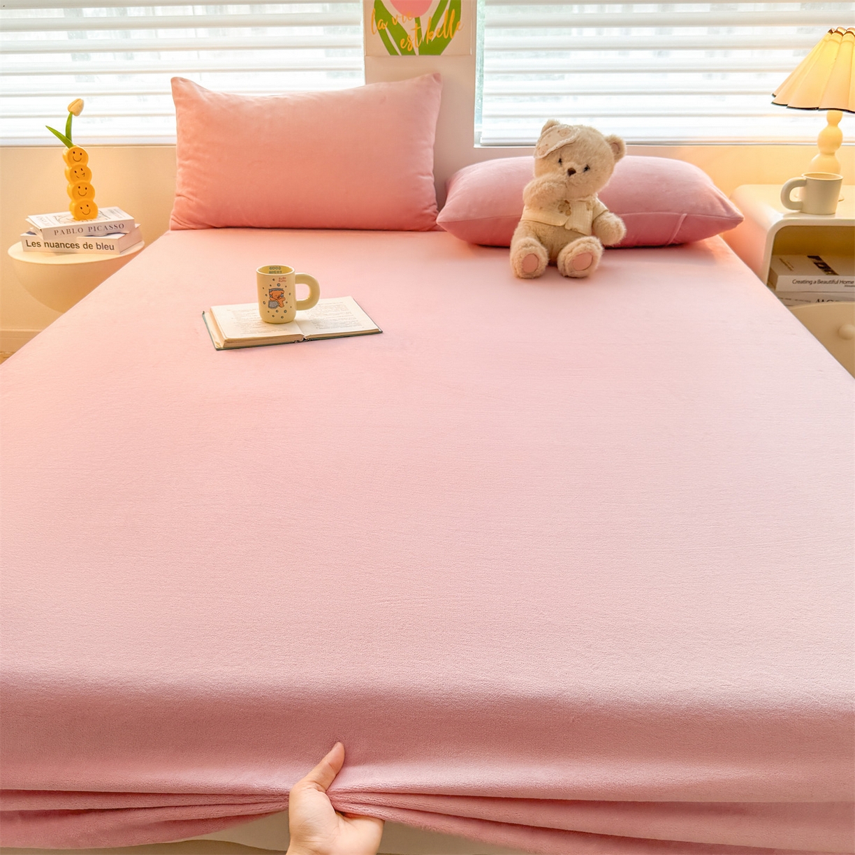 91家纺网 家纺一手货源 找家纺 雯豆家纺 2025新款单层高克重牛奶绒纯色床笠素色床垫保护套 牛奶绒单层床笠-格调粉