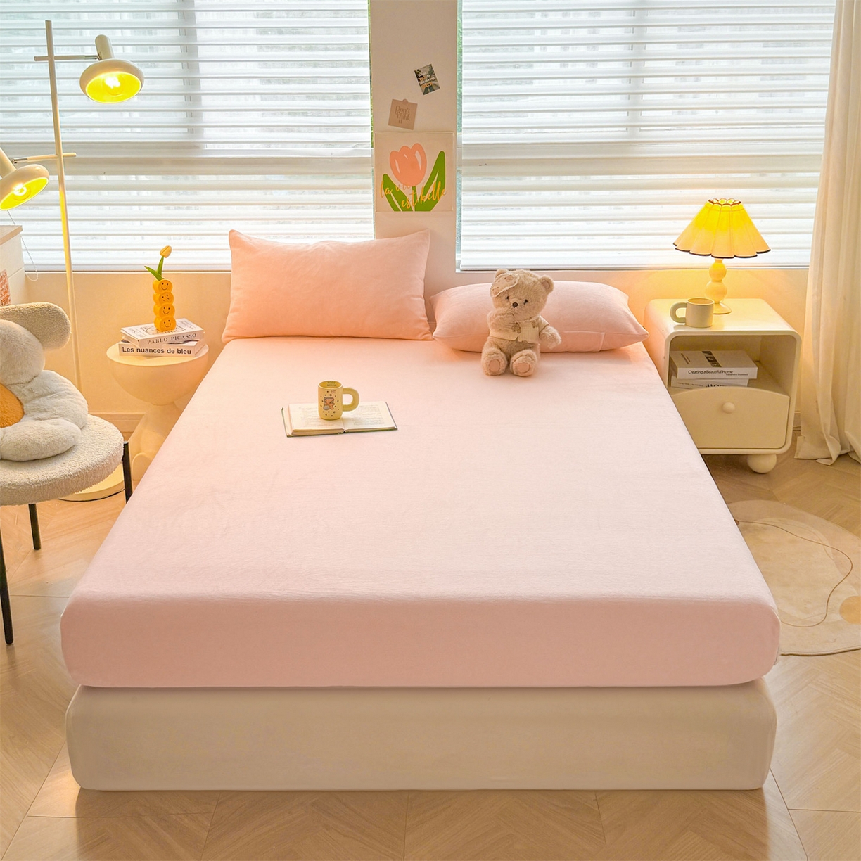 91家纺网 家纺一手货源 找家纺 雯豆家纺 2025新款单层高克重牛奶绒纯色床笠素色床垫保护套 牛奶绒单层床笠-嫩粉