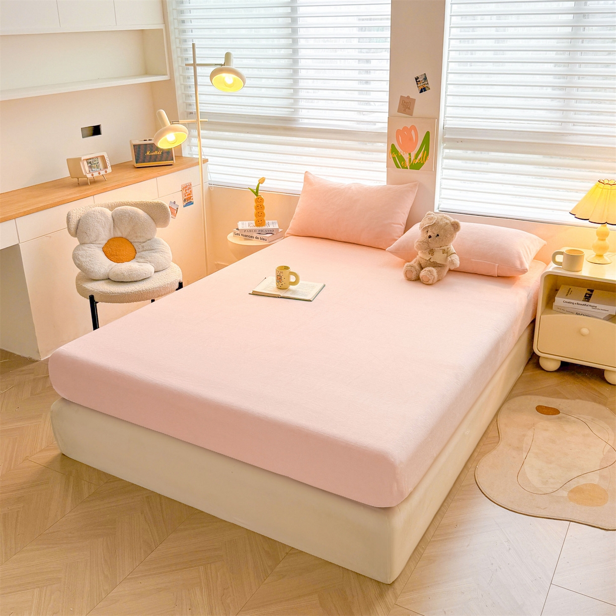 91家纺网 家纺一手货源 找家纺 雯豆家纺 2025新款单层高克重牛奶绒纯色床笠素色床垫保护套 牛奶绒单层床笠-嫩粉