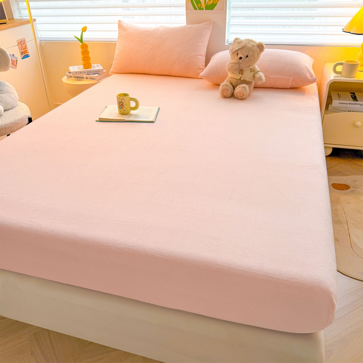 91家纺网 家纺一手货源 找家纺 雯豆家纺 2025新款单层高克重牛奶绒纯色床笠素色床垫保护套 牛奶绒单层床笠-嫩粉