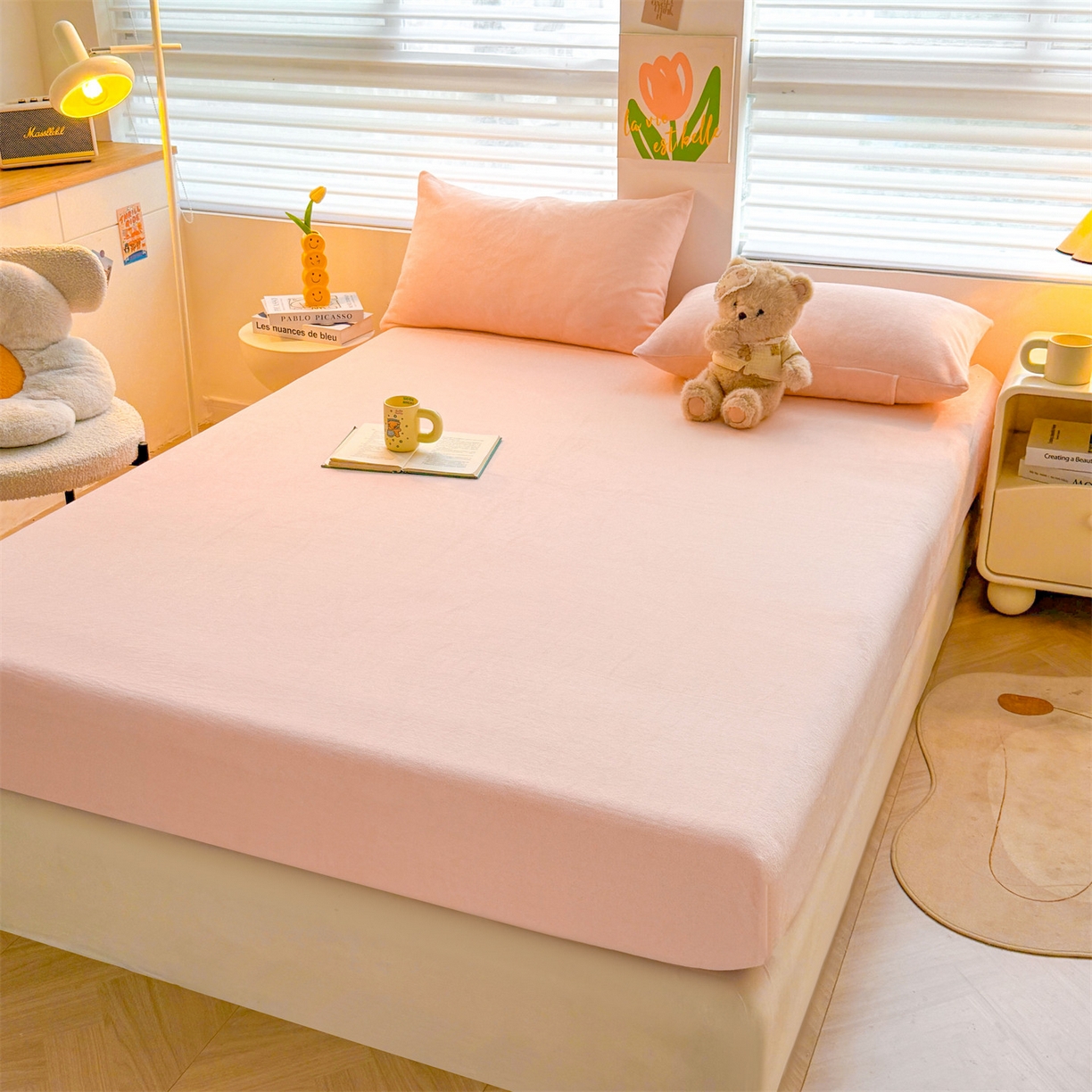 91家纺网 家纺一手货源 找家纺 雯豆家纺 2025新款单层高克重牛奶绒纯色床笠素色床垫保护套 牛奶绒单层床笠-嫩粉