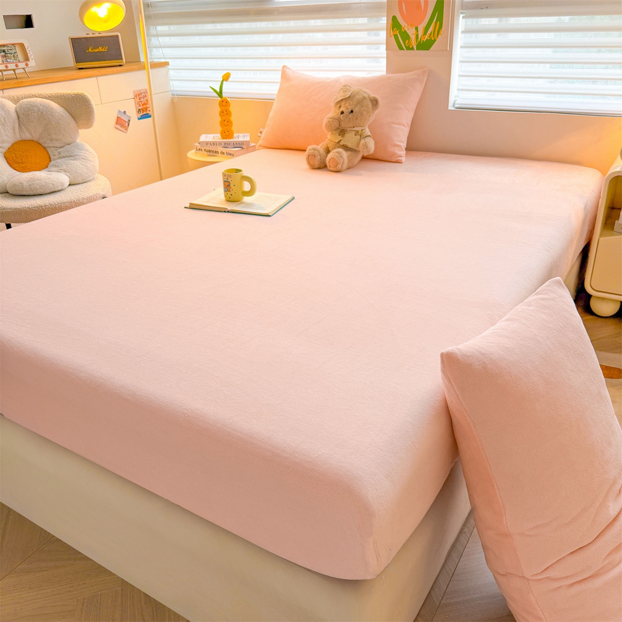 91家纺网 家纺一手货源 找家纺 雯豆家纺 2025新款单层高克重牛奶绒纯色床笠素色床垫保护套 牛奶绒单层床笠-嫩粉