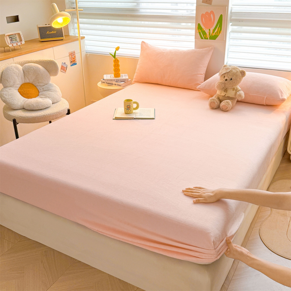 91家纺网 家纺一手货源 找家纺 雯豆家纺 2025新款单层高克重牛奶绒纯色床笠素色床垫保护套 牛奶绒单层床笠-嫩粉