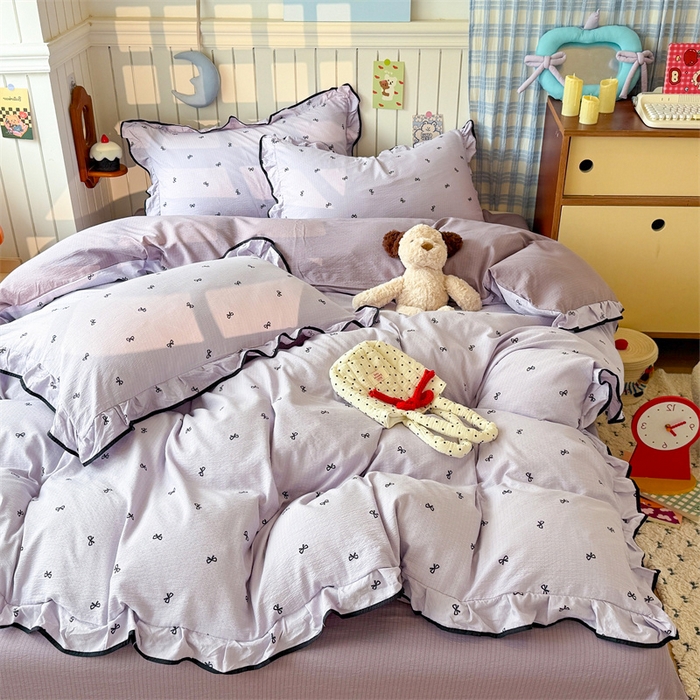 森璐家纺 2025新款云感皱皱双层纱黑色包边四件套 黑边-芋泥波波