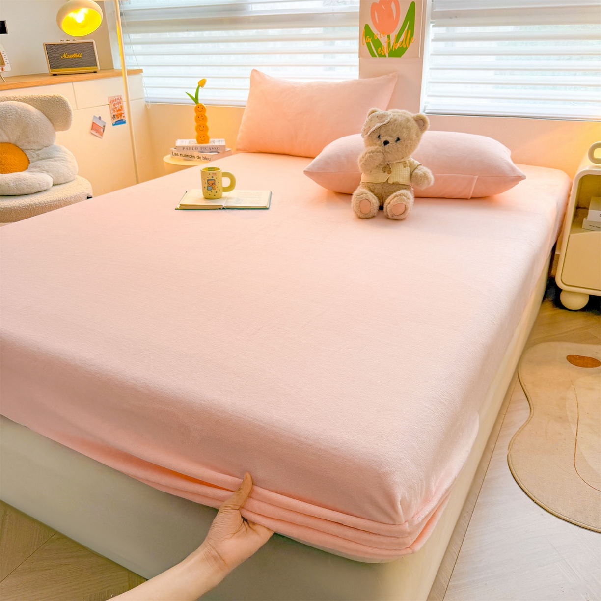 91家纺网 家纺一手货源 找家纺 雯豆家纺 2025新款单层高克重牛奶绒纯色床笠素色床垫保护套 牛奶绒单层床笠-嫩粉