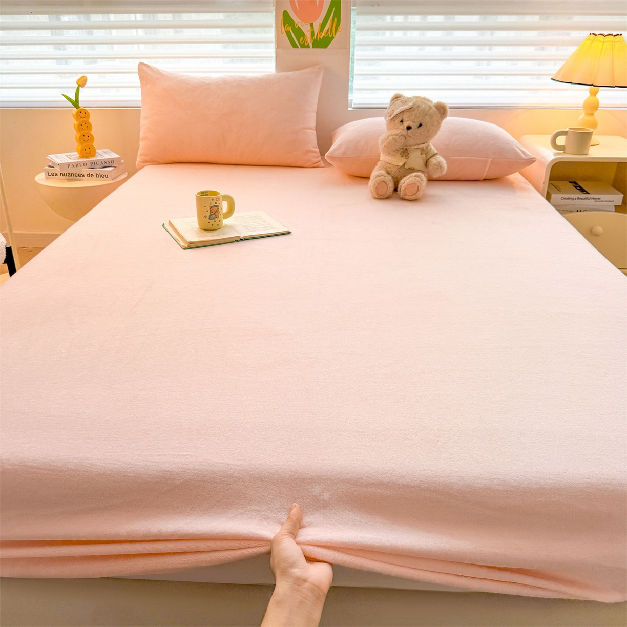 91家纺网 家纺一手货源 找家纺 雯豆家纺 2025新款单层高克重牛奶绒纯色床笠素色床垫保护套 牛奶绒单层床笠-嫩粉