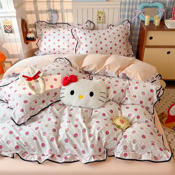 森璐家纺 2025新款云感皱皱双层纱黑色包边四件套 黑边-芝士莓莓