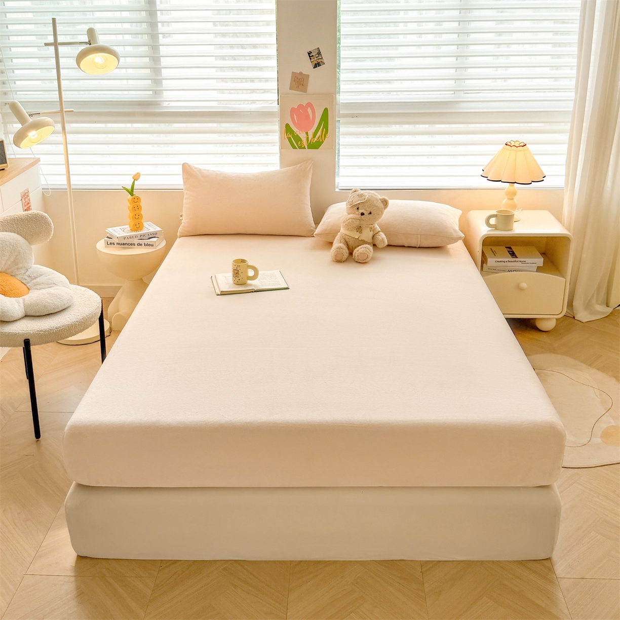 91家纺网 家纺一手货源 找家纺 雯豆家纺 2025新款单层高克重牛奶绒纯色床笠素色床垫保护套 牛奶绒单层床笠-山茶杏