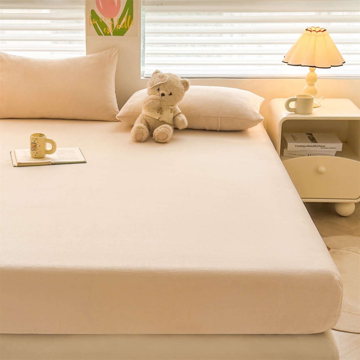 91家纺网 家纺一手货源 找家纺 雯豆家纺 2025新款单层高克重牛奶绒纯色床笠素色床垫保护套 牛奶绒单层床笠-山茶杏