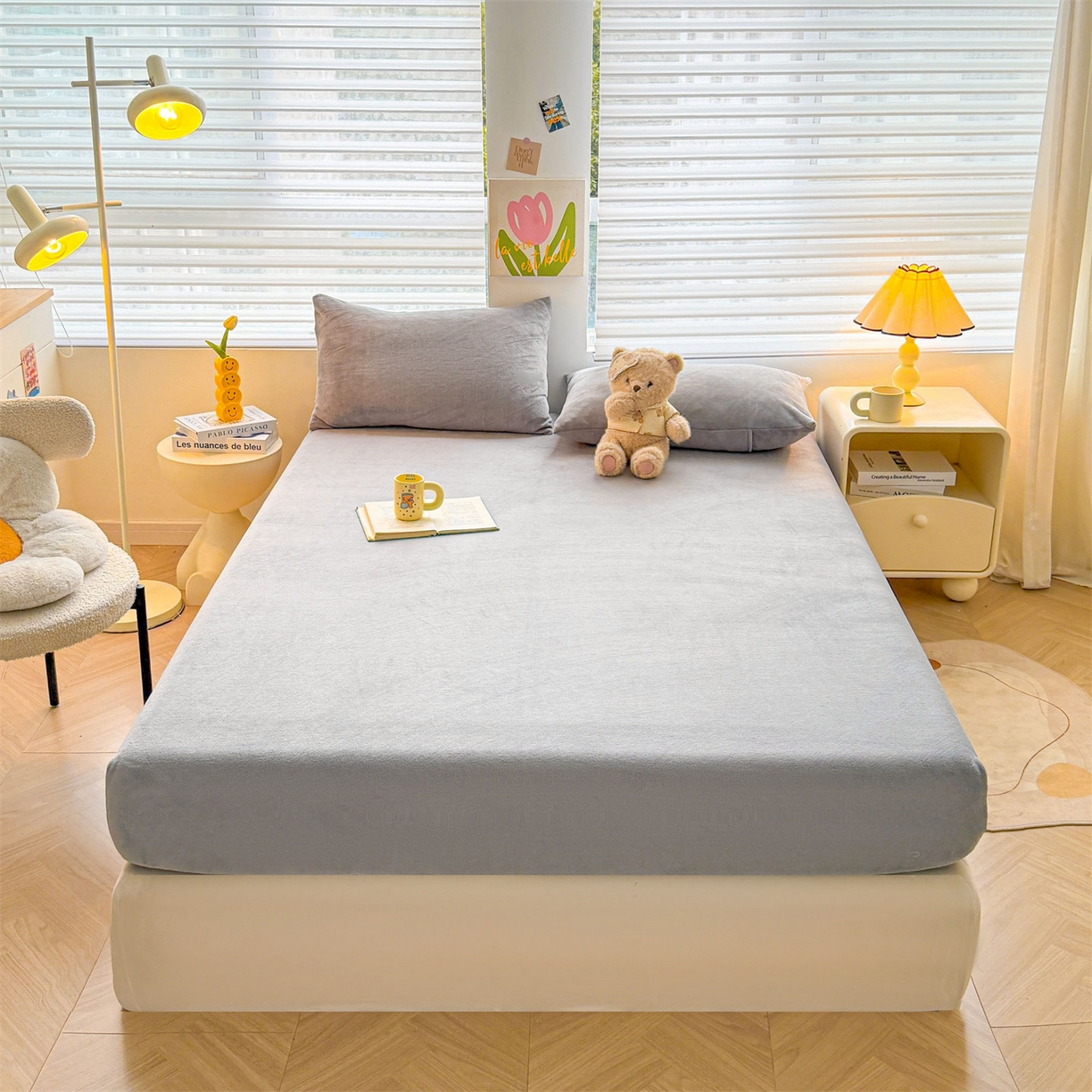 91家纺网 家纺一手货源 找家纺 雯豆家纺 2025新款单层高克重牛奶绒纯色床笠素色床垫保护套 牛奶绒单层床笠-时尚灰