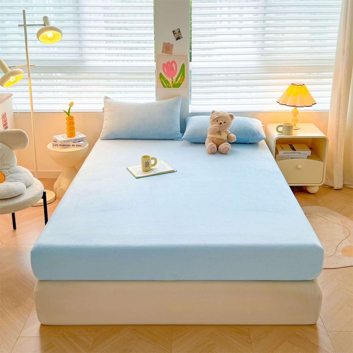 91家纺网 家纺一手货源 找家纺 雯豆家纺 2025新款单层高克重牛奶绒纯色床笠素色床垫保护套 牛奶绒单层床笠-天蓝