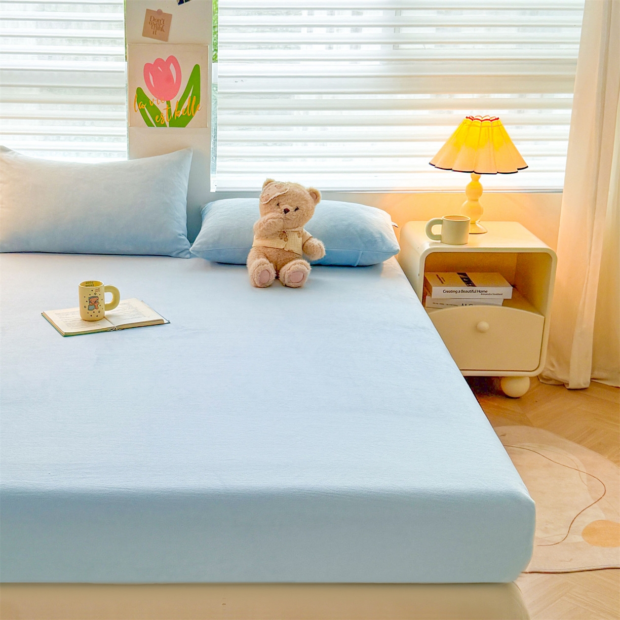 91家纺网 家纺一手货源 找家纺 雯豆家纺 2025新款单层高克重牛奶绒纯色床笠素色床垫保护套 牛奶绒单层床笠-天蓝