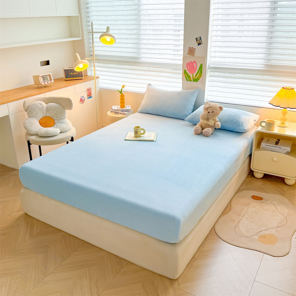91家纺网 家纺一手货源 找家纺 雯豆家纺 2025新款单层高克重牛奶绒纯色床笠素色床垫保护套 牛奶绒单层床笠-天蓝