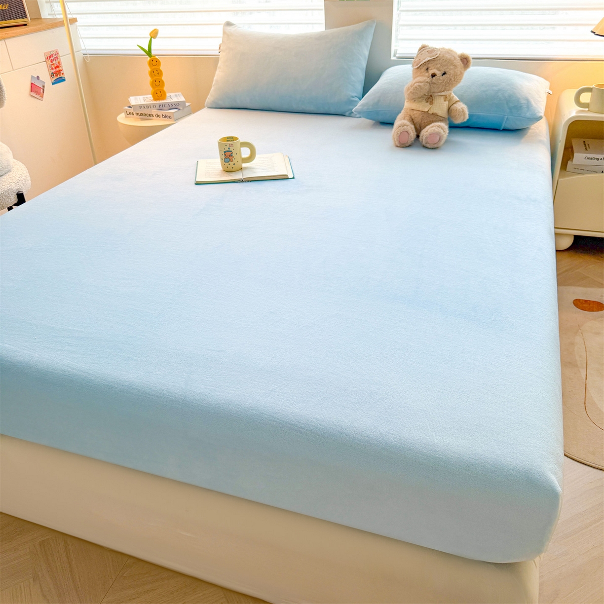 91家纺网 家纺一手货源 找家纺 雯豆家纺 2025新款单层高克重牛奶绒纯色床笠素色床垫保护套 牛奶绒单层床笠-天蓝