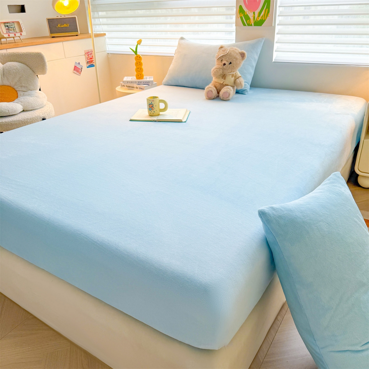 91家纺网 家纺一手货源 找家纺 雯豆家纺 2025新款单层高克重牛奶绒纯色床笠素色床垫保护套 牛奶绒单层床笠-天蓝