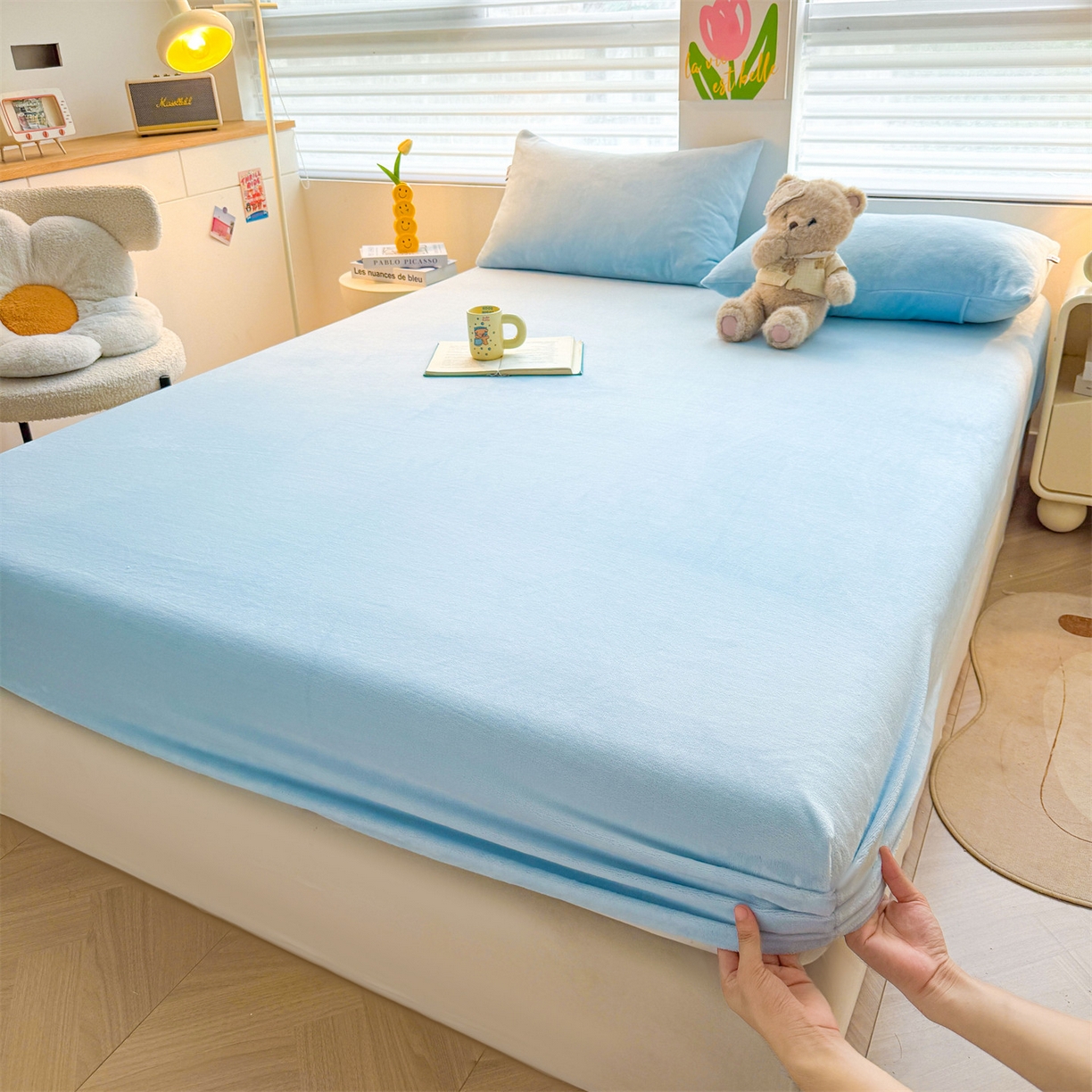 91家纺网 家纺一手货源 找家纺 雯豆家纺 2025新款单层高克重牛奶绒纯色床笠素色床垫保护套 牛奶绒单层床笠-天蓝