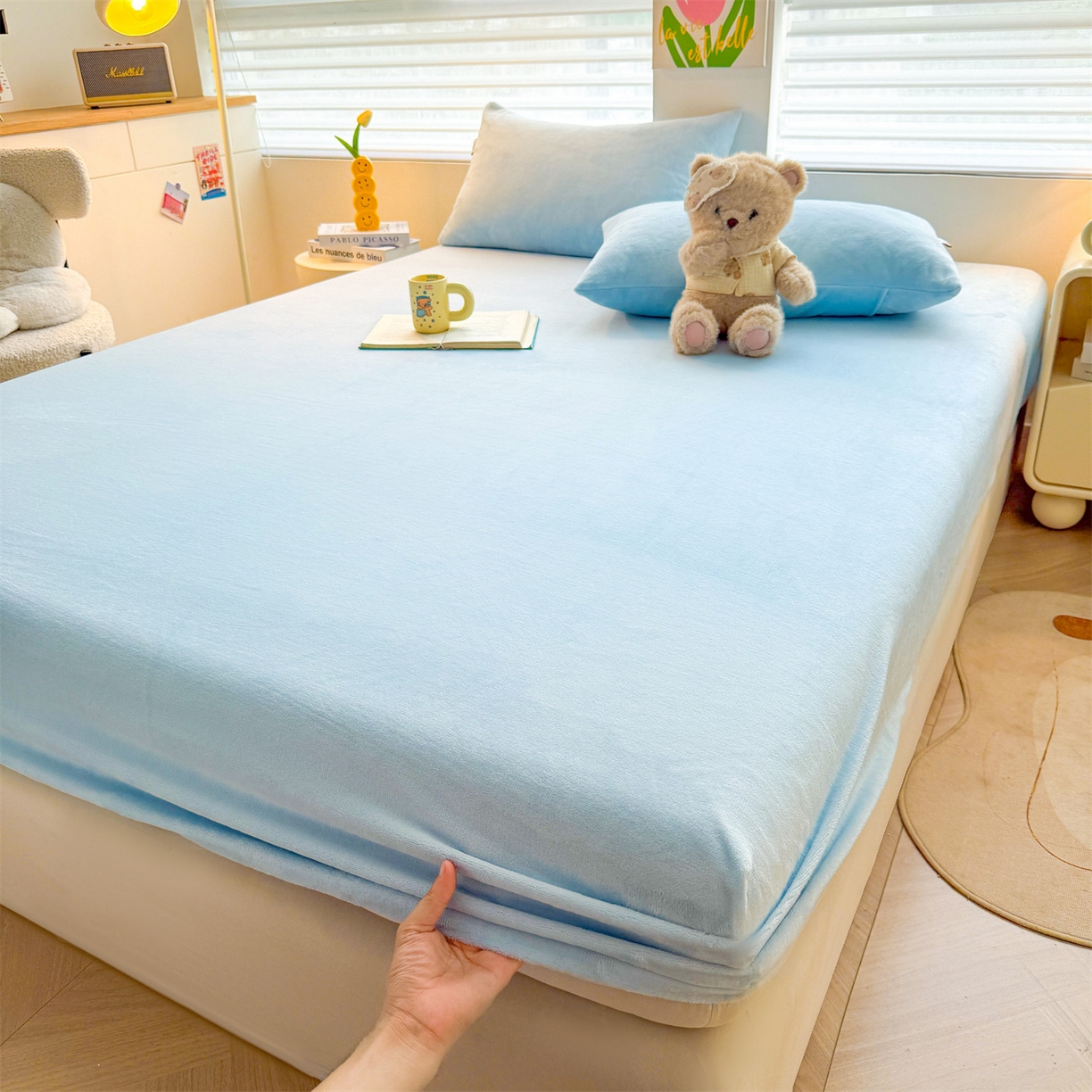91家纺网 家纺一手货源 找家纺 雯豆家纺 2025新款单层高克重牛奶绒纯色床笠素色床垫保护套 牛奶绒单层床笠-天蓝