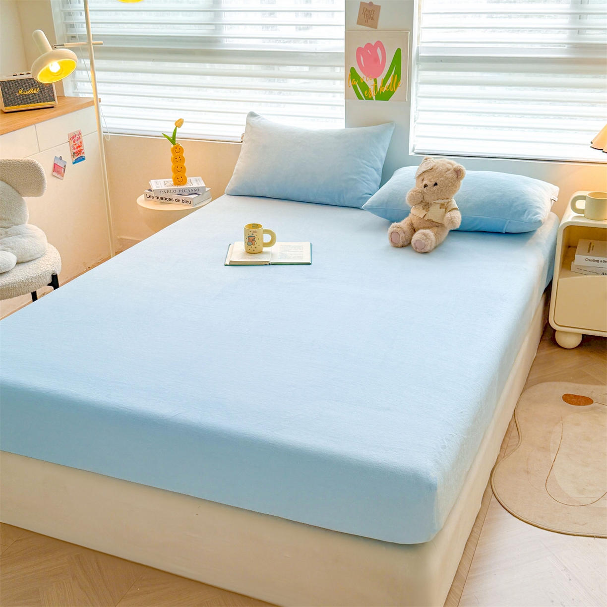 91家纺网 家纺一手货源 找家纺 雯豆家纺 2025新款单层高克重牛奶绒纯色床笠素色床垫保护套 牛奶绒单层床笠-天蓝