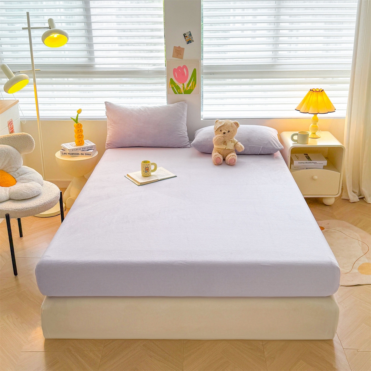 91家纺网 家纺一手货源 找家纺 雯豆家纺 2025新款单层高克重牛奶绒纯色床笠素色床垫保护套 牛奶绒单层床笠-雪青