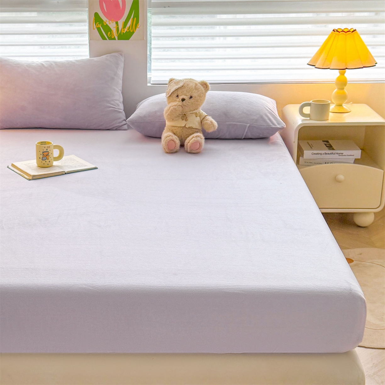 91家纺网 家纺一手货源 找家纺 雯豆家纺 2025新款单层高克重牛奶绒纯色床笠素色床垫保护套 牛奶绒单层床笠-雪青
