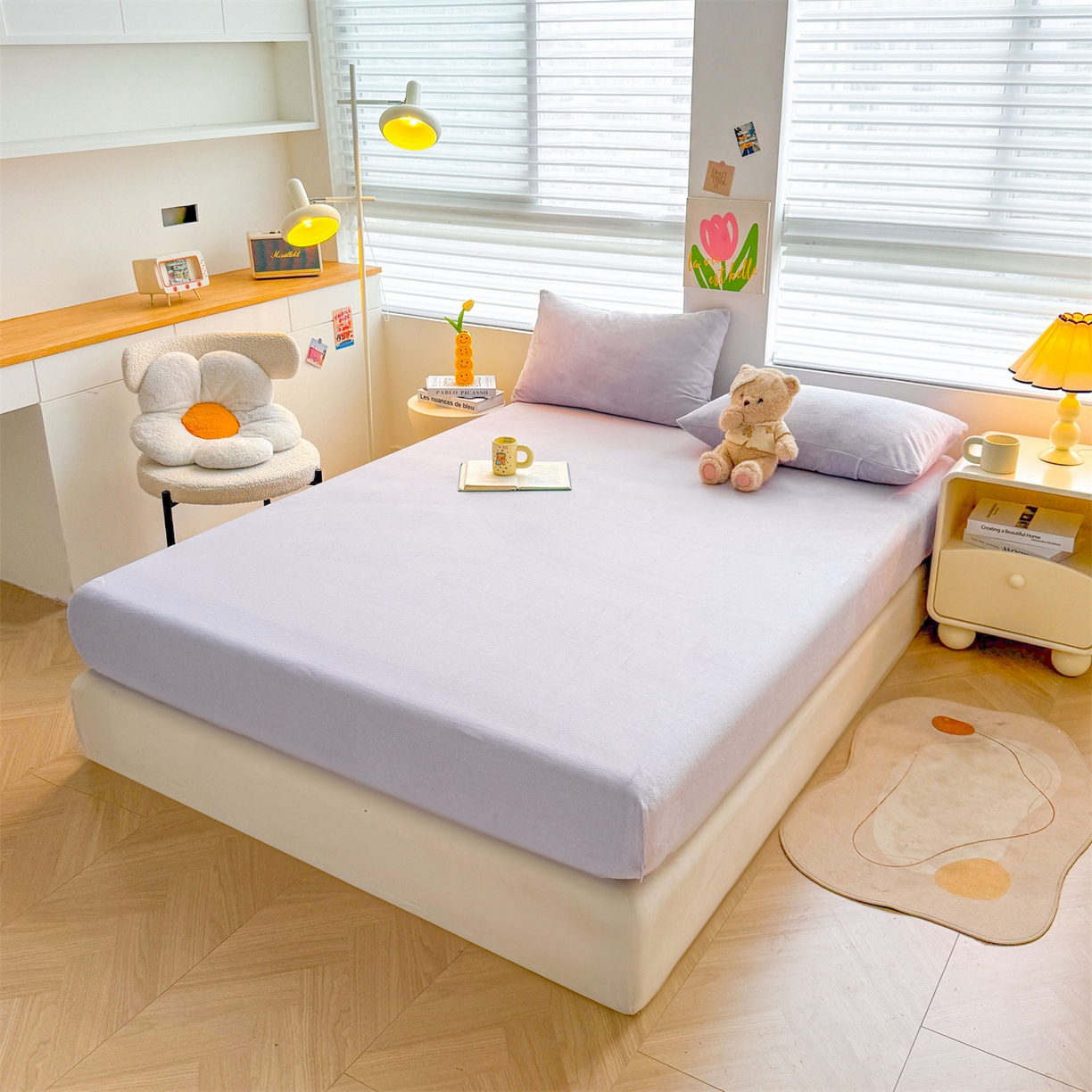 91家纺网 家纺一手货源 找家纺 雯豆家纺 2025新款单层高克重牛奶绒纯色床笠素色床垫保护套 牛奶绒单层床笠-雪青