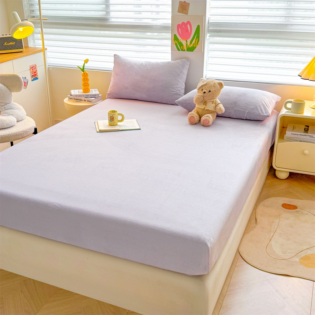 91家纺网 家纺一手货源 找家纺 雯豆家纺 2025新款单层高克重牛奶绒纯色床笠素色床垫保护套 牛奶绒单层床笠-雪青