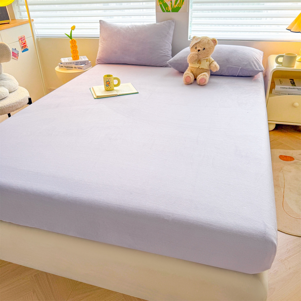 91家纺网 家纺一手货源 找家纺 雯豆家纺 2025新款单层高克重牛奶绒纯色床笠素色床垫保护套 牛奶绒单层床笠-雪青