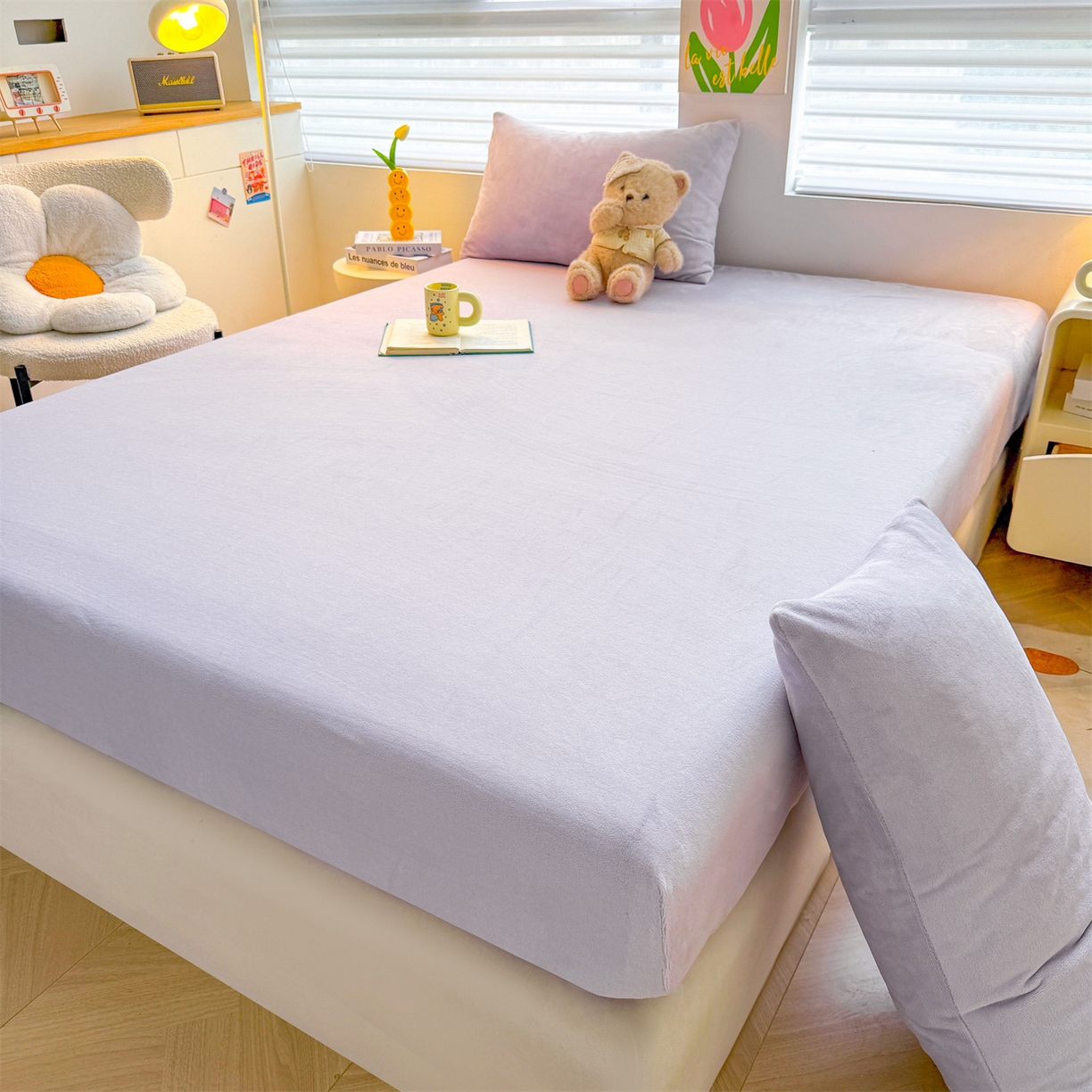 91家纺网 家纺一手货源 找家纺 雯豆家纺 2025新款单层高克重牛奶绒纯色床笠素色床垫保护套 牛奶绒单层床笠-雪青