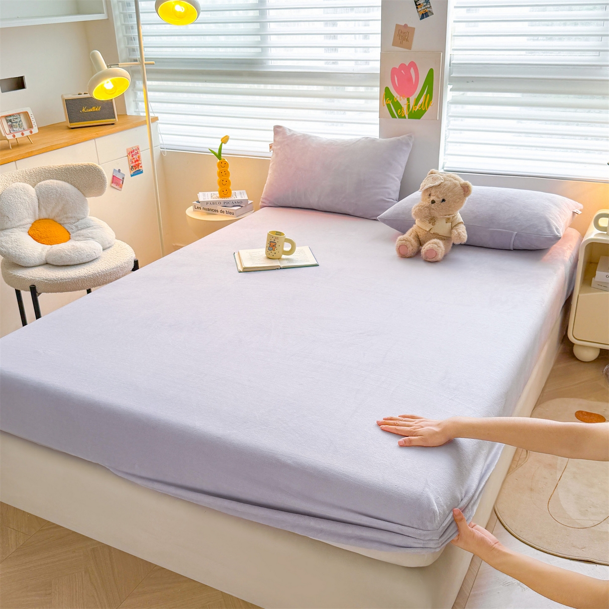 91家纺网 家纺一手货源 找家纺 雯豆家纺 2025新款单层高克重牛奶绒纯色床笠素色床垫保护套 牛奶绒单层床笠-雪青