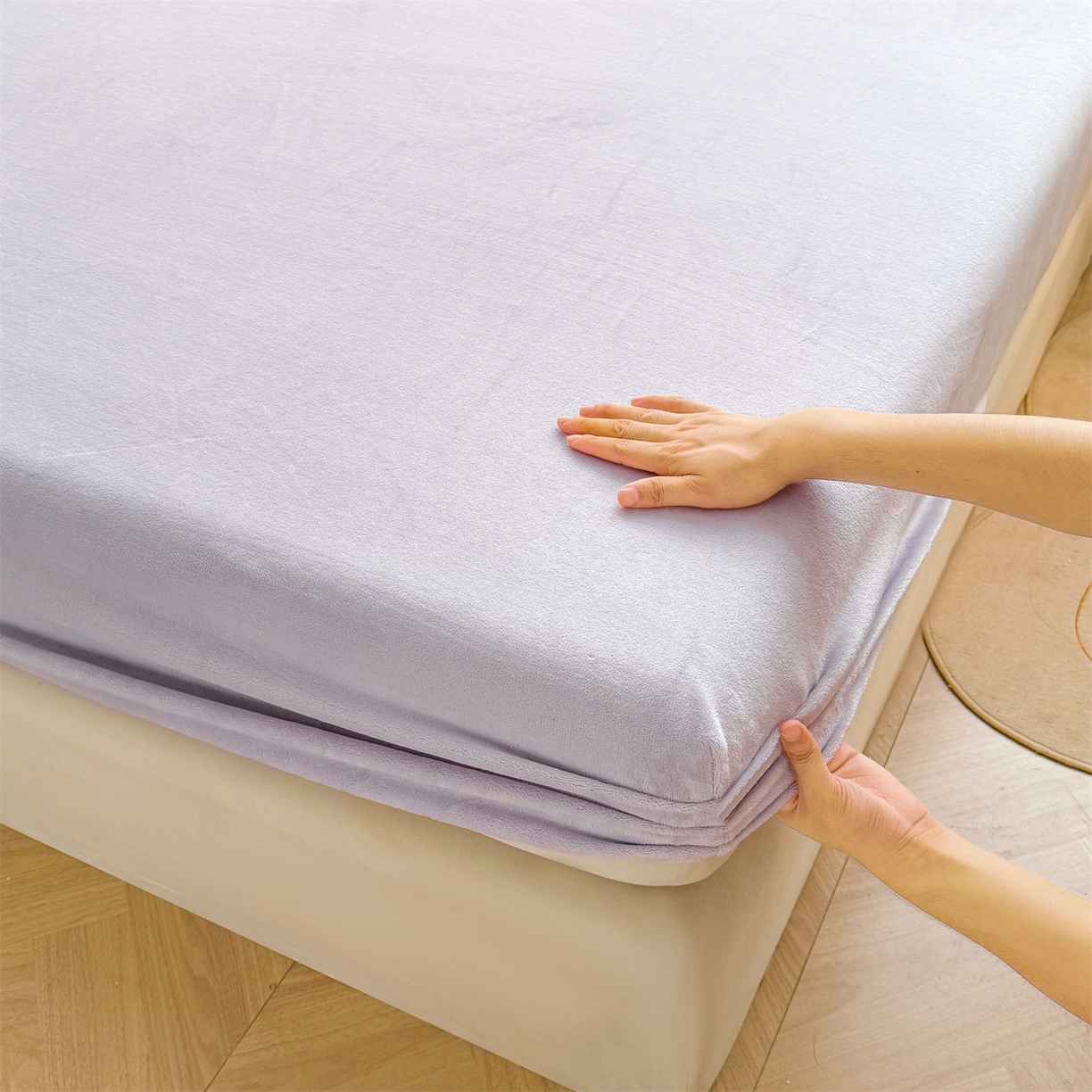 91家纺网 家纺一手货源 找家纺 雯豆家纺 2025新款单层高克重牛奶绒纯色床笠素色床垫保护套 牛奶绒单层床笠-雪青