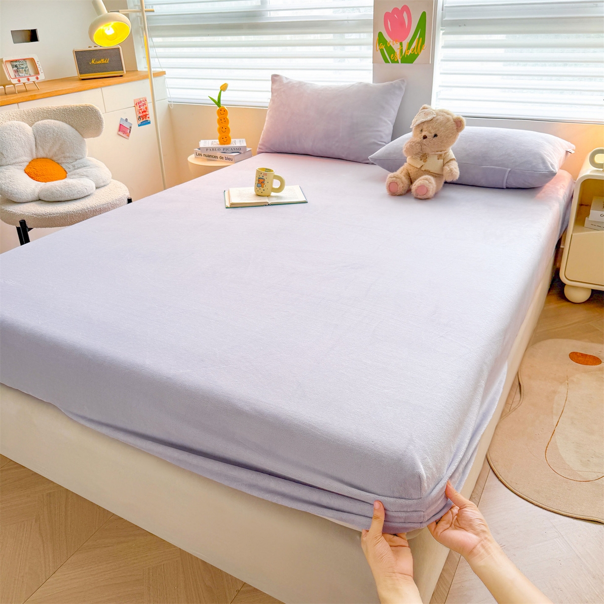 91家纺网 家纺一手货源 找家纺 雯豆家纺 2025新款单层高克重牛奶绒纯色床笠素色床垫保护套 牛奶绒单层床笠-雪青