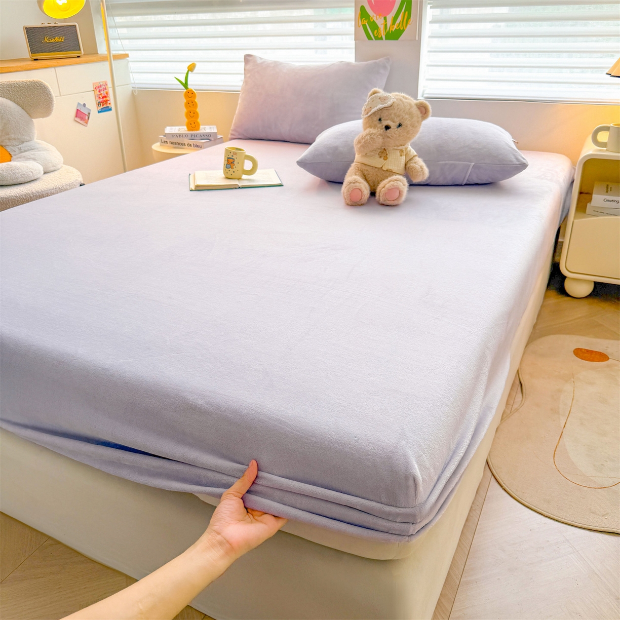 91家纺网 家纺一手货源 找家纺 雯豆家纺 2025新款单层高克重牛奶绒纯色床笠素色床垫保护套 牛奶绒单层床笠-雪青