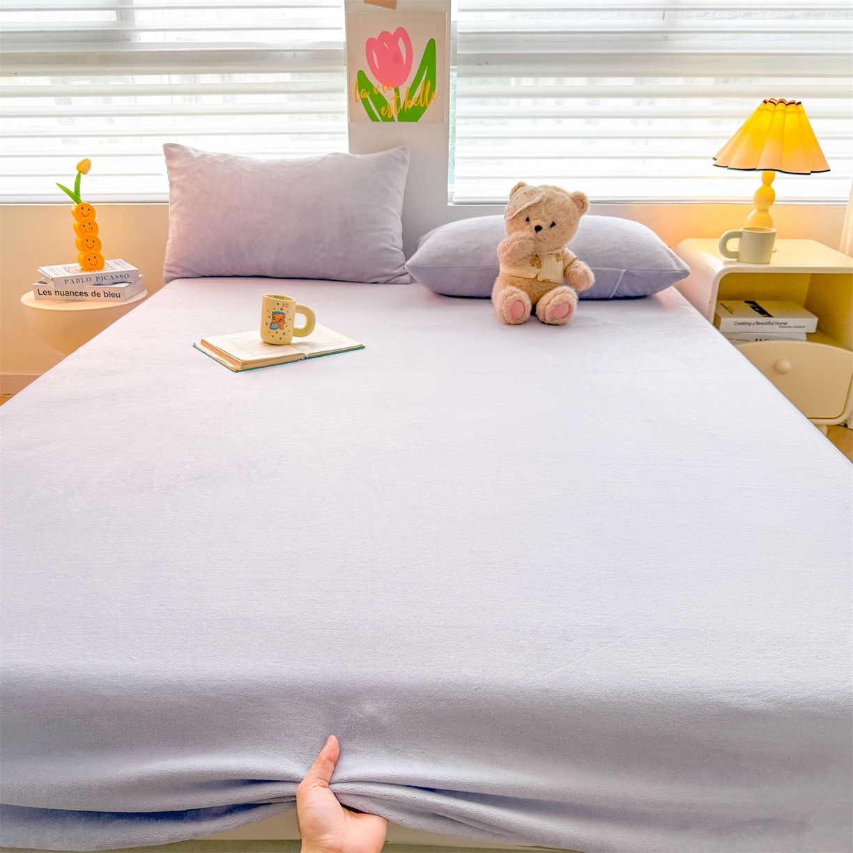 91家纺网 家纺一手货源 找家纺 雯豆家纺 2025新款单层高克重牛奶绒纯色床笠素色床垫保护套 牛奶绒单层床笠-雪青
