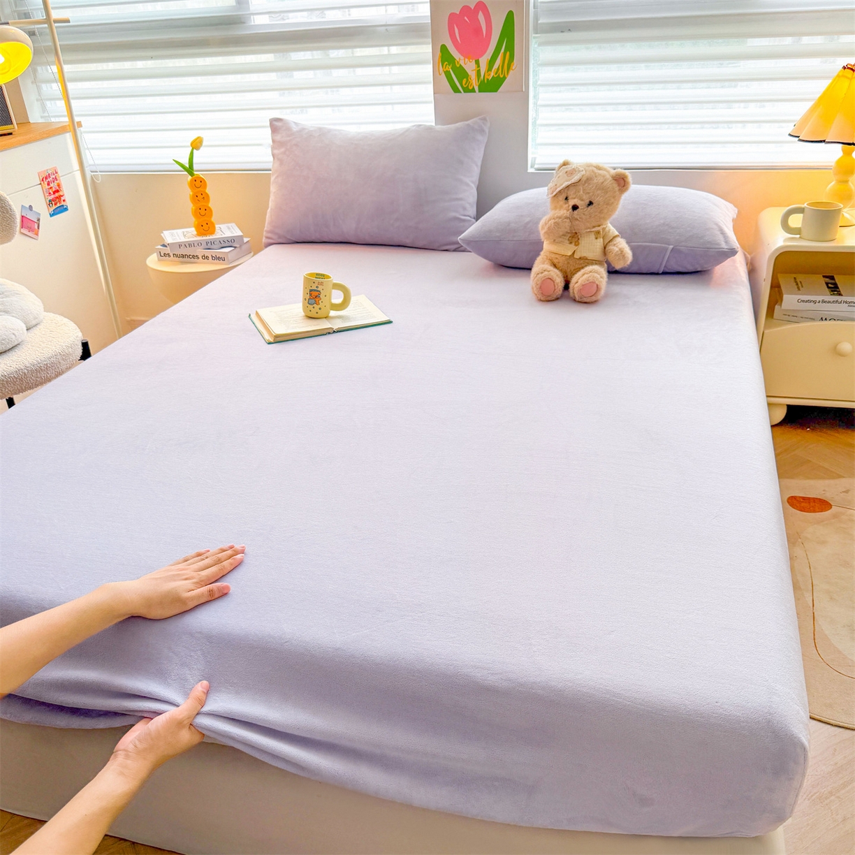 91家纺网 家纺一手货源 找家纺 雯豆家纺 2025新款单层高克重牛奶绒纯色床笠素色床垫保护套 牛奶绒单层床笠-雪青