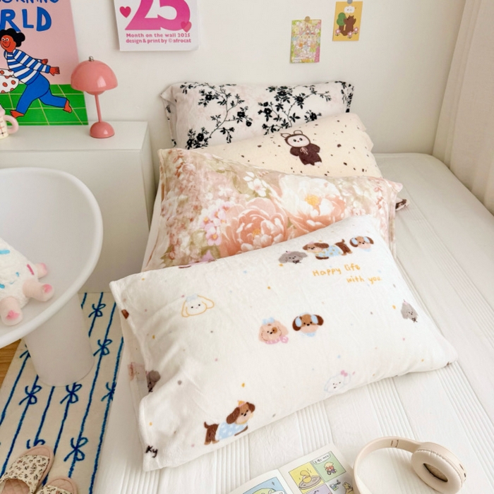 91家纺网 家纺一手货源 找家纺 （总）禧缘家纺（原梦想家）2025新款牛奶绒纯色印花双开口枕套