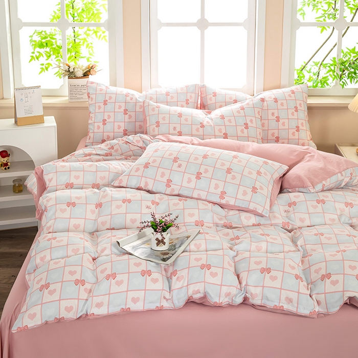 91家纺网 家纺一手货源 找家纺 梓依家纺 2025新款水洗棉印花四件套单被套床上用品 粉蓝甜心