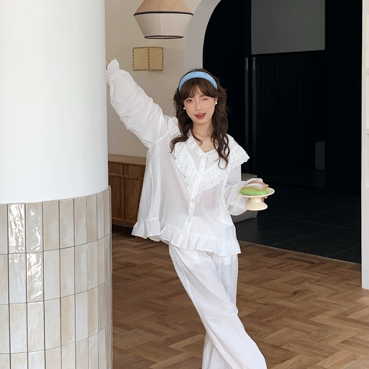 妍景家居生活馆 2025新款木耳边拼接蕾丝花边套装 白色