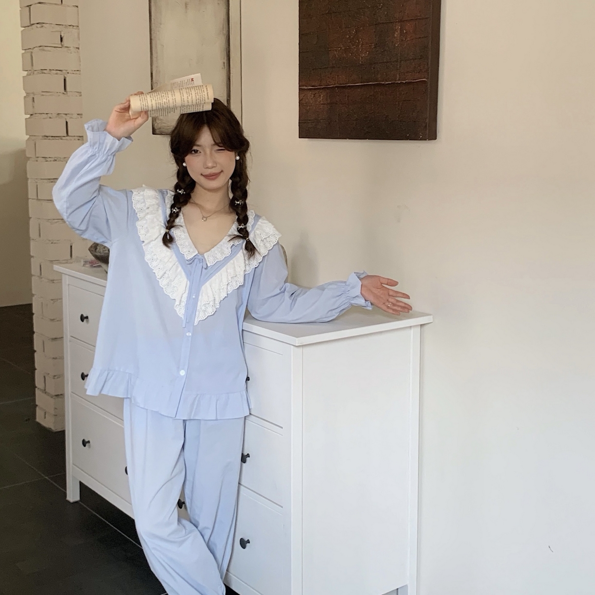 妍景家居生活馆 2025新款木耳边拼接蕾丝花边套装 蓝色